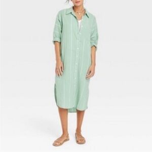 Universal Thread Stripped Shirt Dress Women's Size XL Green White Button Front